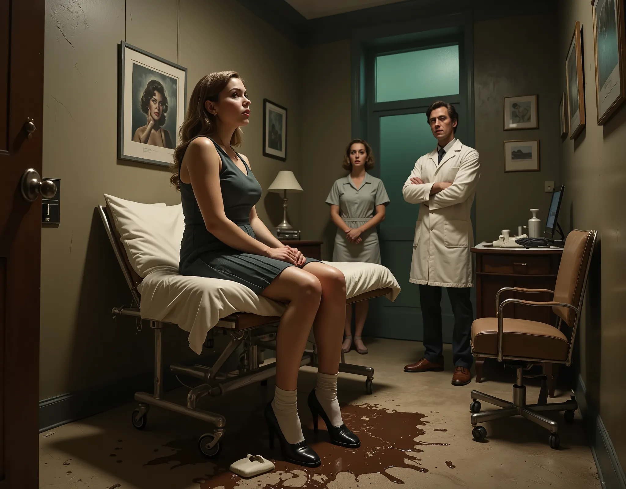 an attractive woman is sitting on the doctor's examination table, wearing a short pleated shirt and ankle socks and saddle shoes, she is holding her hand over her mouth in embarrassment, the doctor and nurse look on in shock as a puddle of thick rich choco...