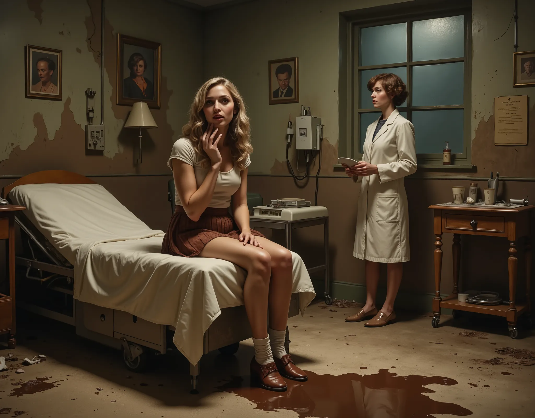 an attractive woman is sitting on the doctor's examination table, wearing a short pleated shirt and ankle socks and saddle shoes, she is holding her hand over her mouth in embarrassment, the doctor and nurse look on in shock as a puddle of thick rich choco...