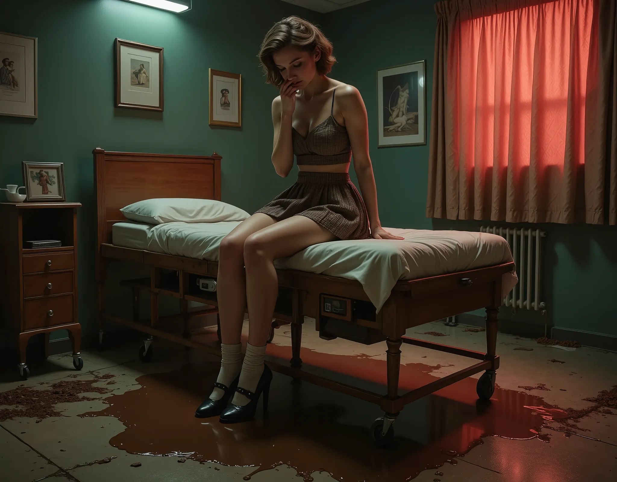 an attractive woman is sitting on the doctor's examination table, wearing a short pleated shirt and ankle socks and saddle shoes, she is holding her hand over her mouth in embarrassment, the doctor and nurse look as a puddle of thick rich chocolate is seep...