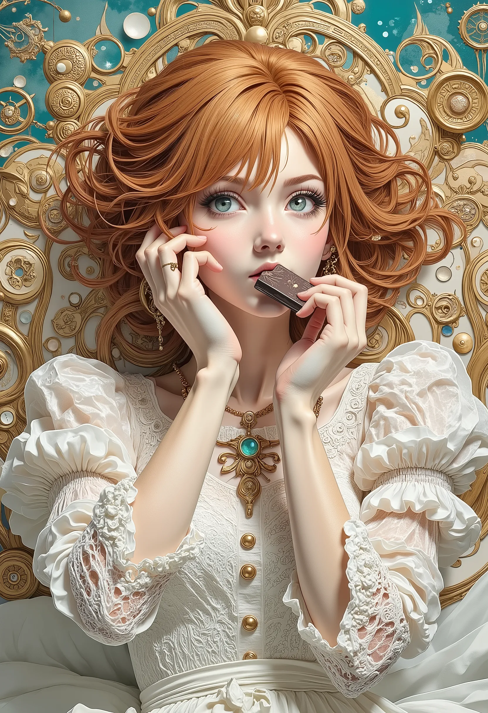 The style of Dario Moura. A digital illustration of an incredibly cute young girl with a serene expression on her face. She is a pretty, slender woman with a youthful appearance and a round face. Her bright red hair is styled in light waves, which gives he...