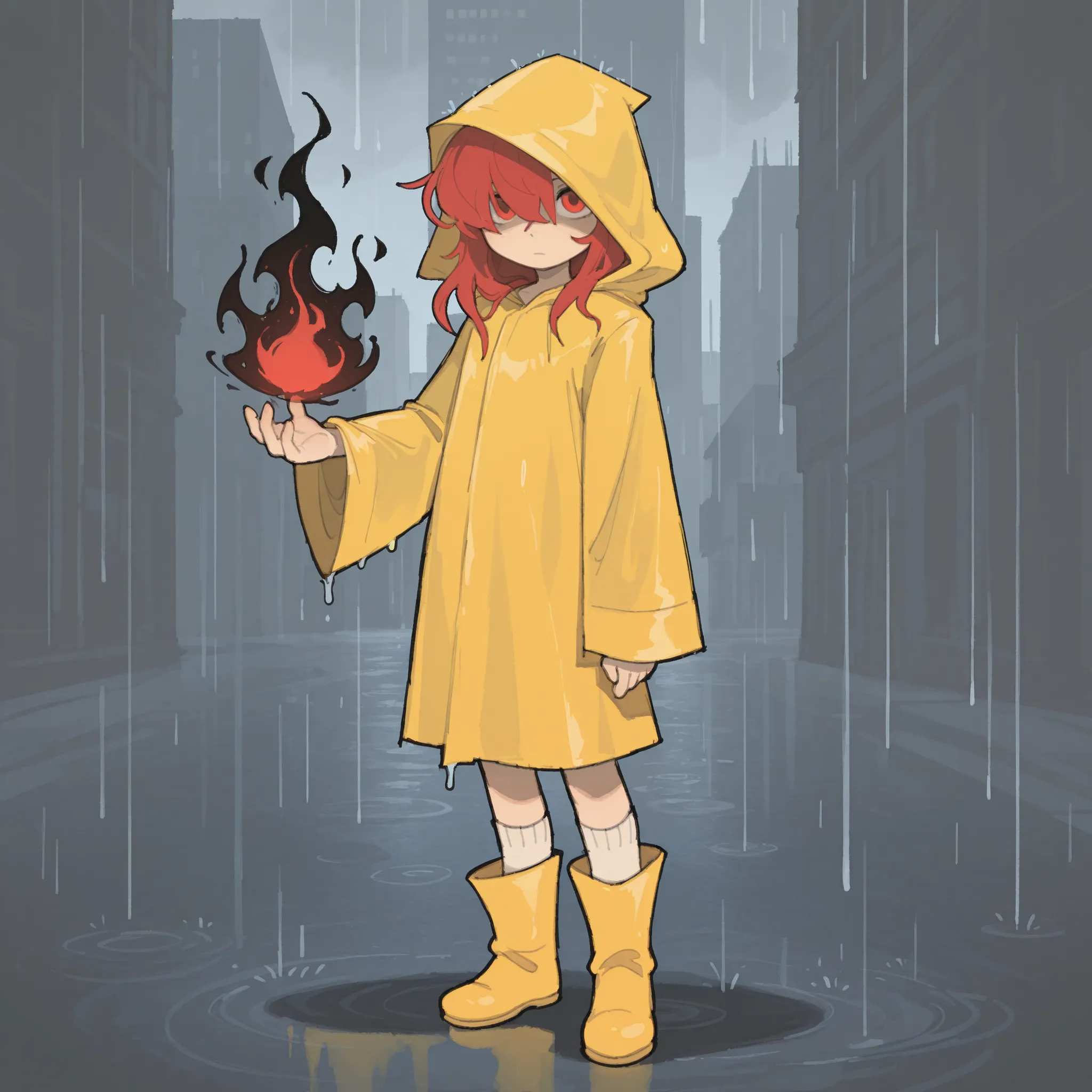 masterpiece, ultra-HD, impressionism, high detail, best quality, very aesthetic, 8k, best quality, beautiful, tmchng, 1girl, solo, long red hair, shadow over eyes, red eyes, petite, yellow raincoat, hood on, yellow boots, white long socks, expressionless, ...