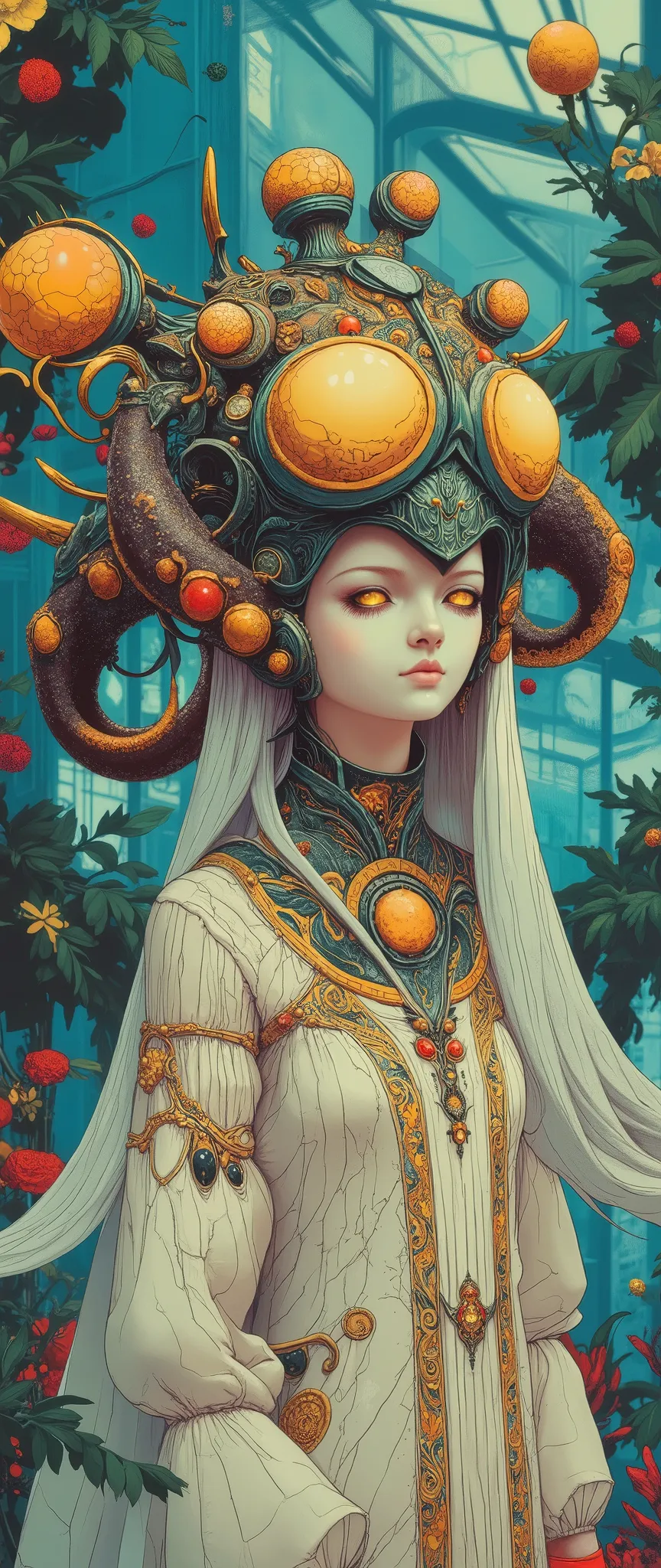 The image is a highly detailed, imaginative digital painting that depicts an unrealistically mystical figure with a surreal, otherworldly aesthetic. The subject has unnaturally pale, almost transparent skin and piercing yellow eyes that glow magically. The...