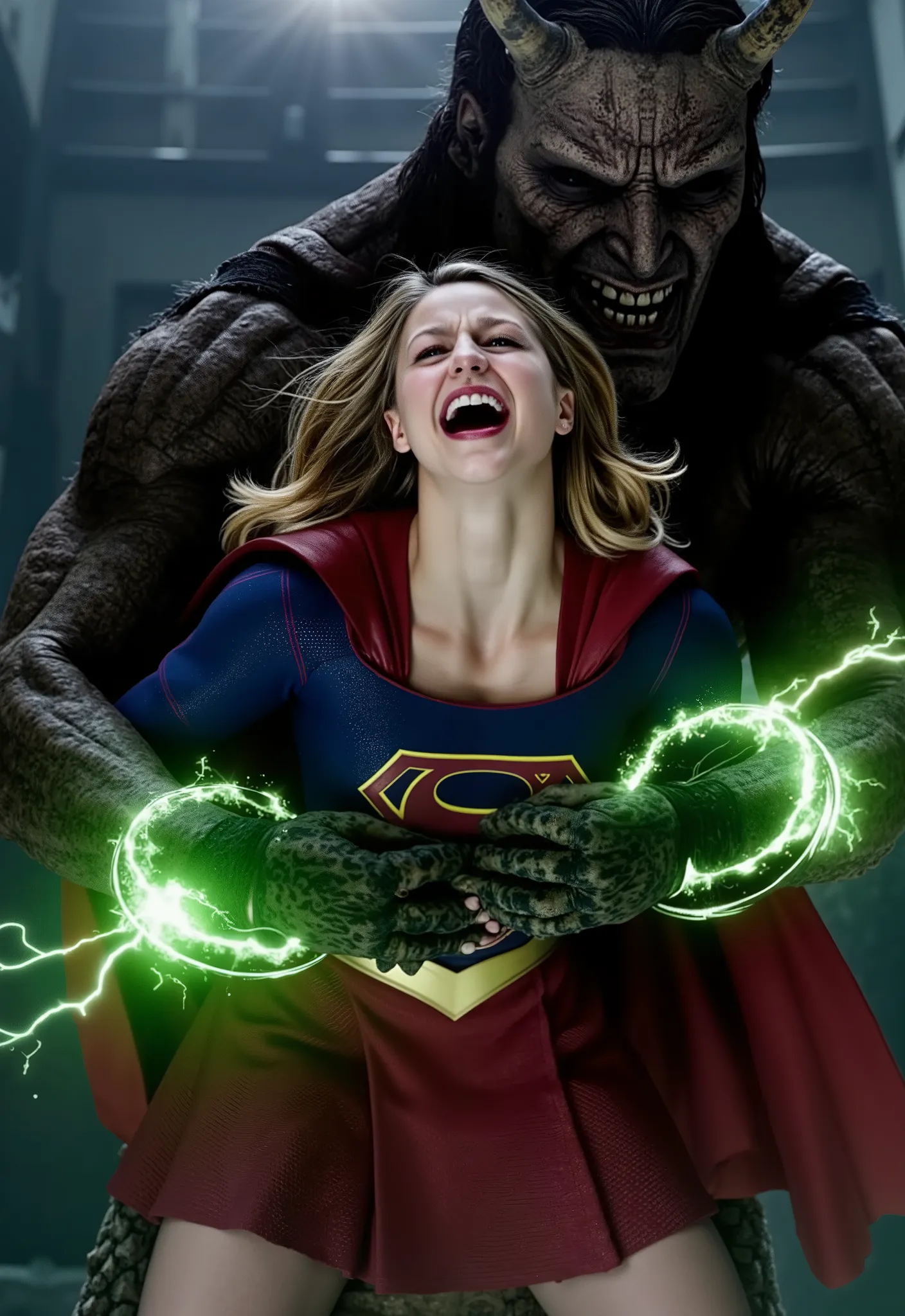 Melissa Benoist as Supergirl, fighting with a strong fierce devils, she is screaming in pain, painful face, screaming and shouting in pain, her arms tied behind her back with green lighting chain, she is wearing a Supergirl costume, blue shirt and very sho...