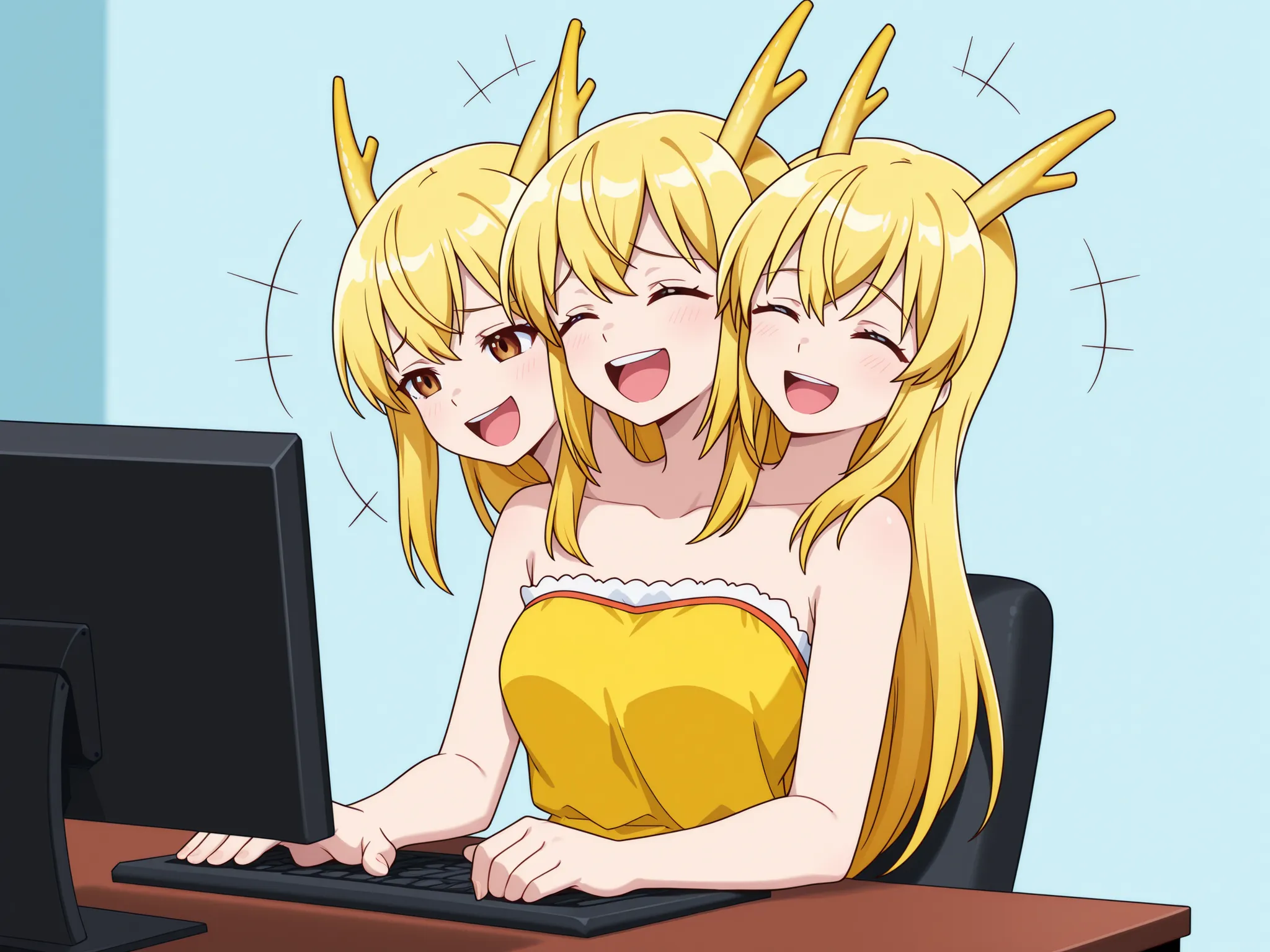conjoined, anime girl with three heads, long blond hair, brown eyes, yellow dragon girl costume, simple yellow dress, bare arms and shoulders, laughing, closed eyes, sitting at a computer table in a studio with a light blue wall