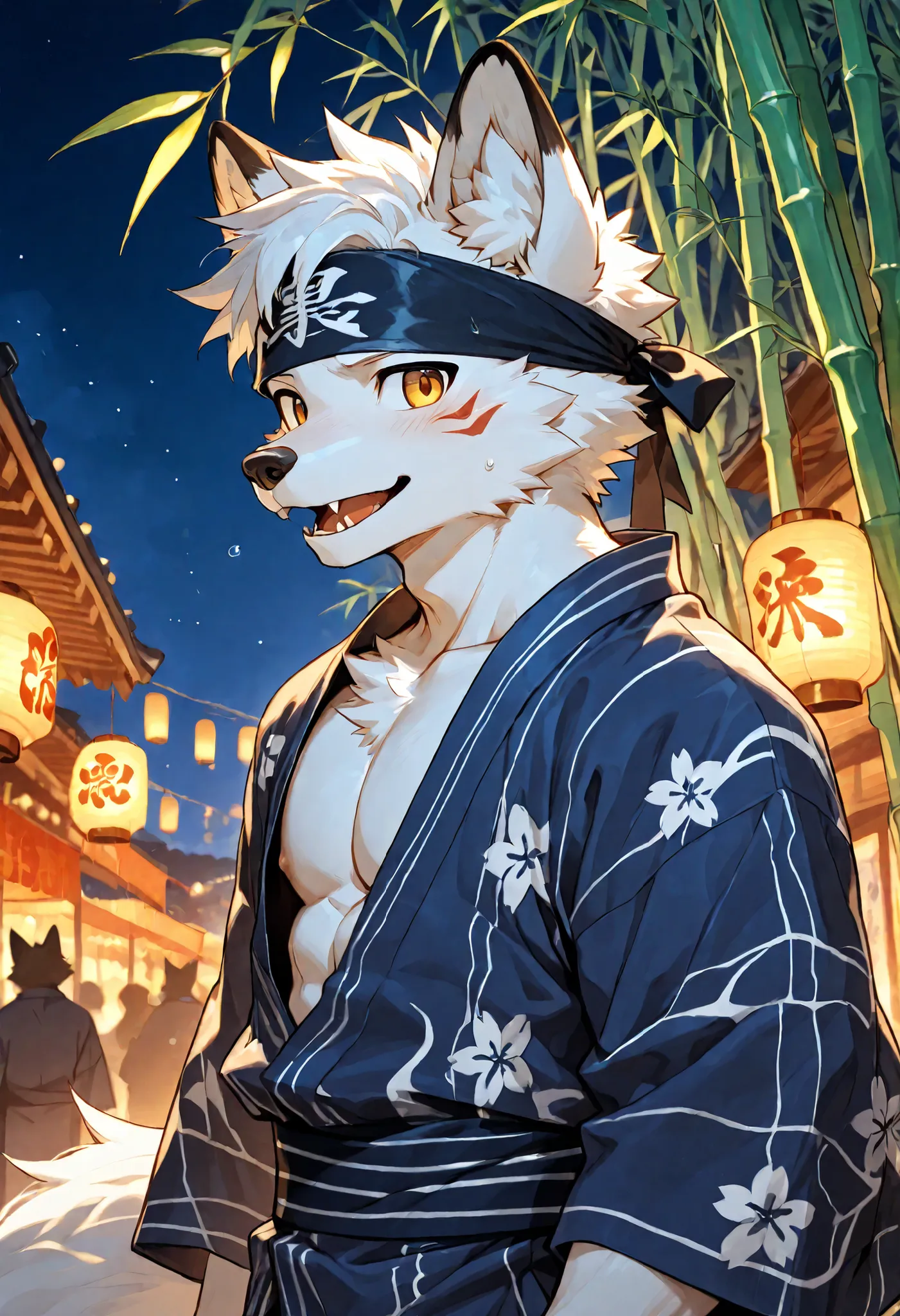 Athlete body, commission for high res, anthropomorphic, there is a white fox, boy, young fox, fluffy, furry, wearing navy yukata, bare chest, walking in the tanabata festival, bamboo and paper lamp, night time, close up, navy yukata and dark obi, looking a...