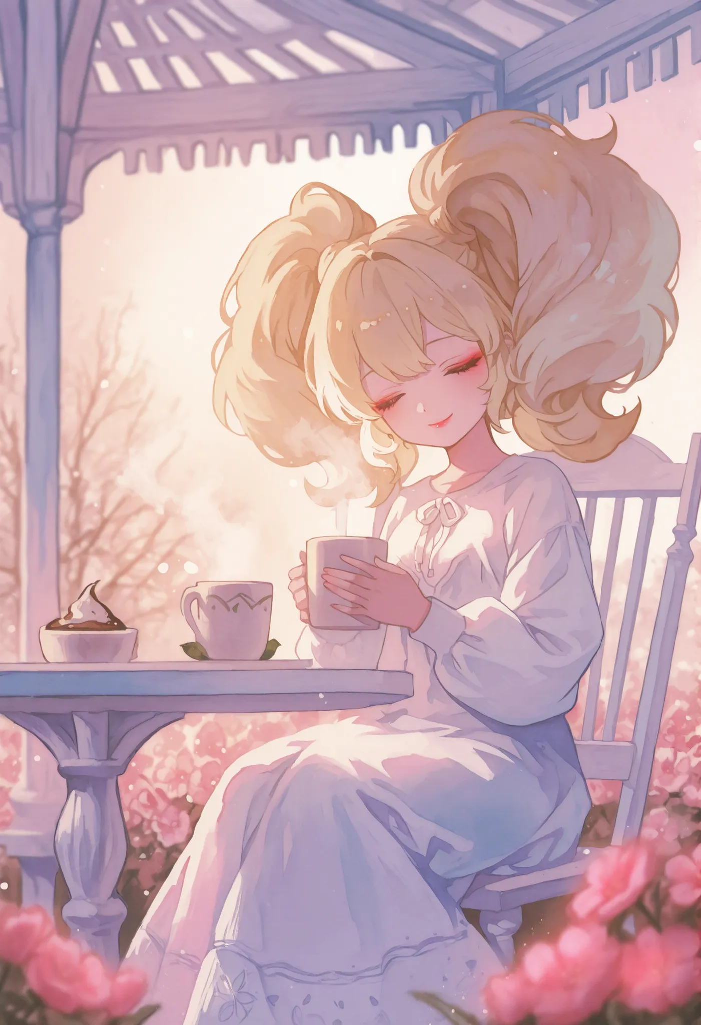 soft watercolor, pastel colors, chibi, solo, 1girl, twintails, big hair, blonde hair, makeup, white long dress, smile, closed eyes, sitting, drink a hot chocolate, steam, white wooden chair, white wooden table, pink flowers, warm lighting, dreamy blur, int...