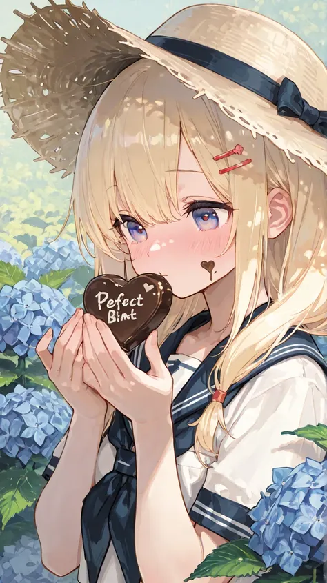 Cute,748cmstyle,,(masterpiece:1.2, top quality), (beautiful detailed eyes: 1.2), ((1 Beautiful Girl)),  (beautiful background:1.2), (Highly Detailed CG, Super Detailed),(very detailed and beautiful:1.1), (Perfect Details:1.1),Blonde twin-tailed girl with red hairpins, wearing a sailor uniform and a straw hat. She is shyly extending a heart-shaped chocolate towards an unseen person. Melted chocolate is on her cheek. She is blushing deeply, and her eyes are cast downwards but still convey earnestness. The setting is a bright, warm, and pastel-toned background emphasizing a fresh and innocent atmosphere, with hydrangeas and sunflowers in the background