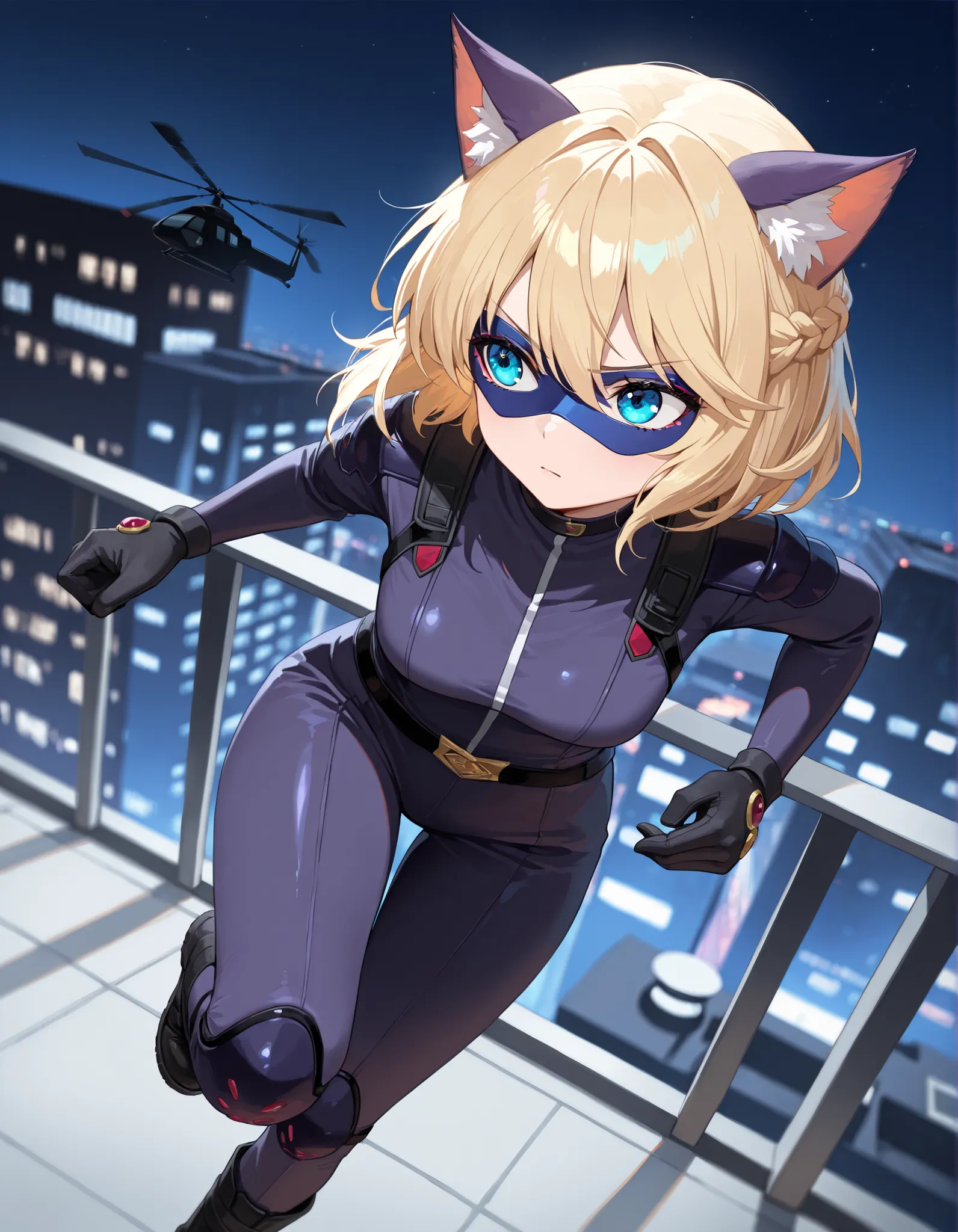 masterpiece, best quality, high resolution, intricate details, detailed background, professional, 8k, solo, solo focus, 1girl, young adult female, blonde hair, short hair, braid, aquamarine eyes, cat ears, animal ears, cat girl, cat burger, dark purple cat...