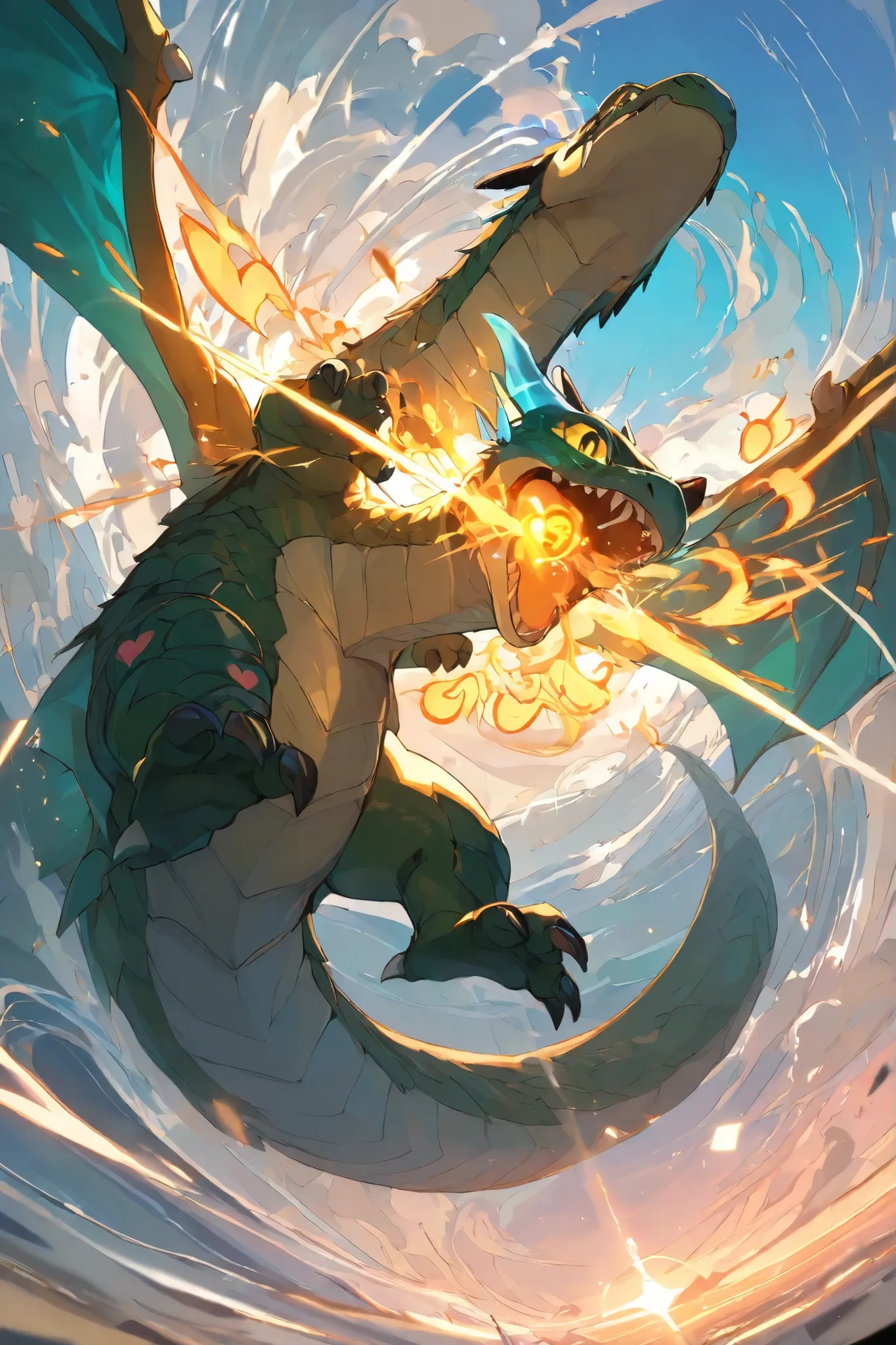 masterpiece, best quality,1 Dragonet
,best quality,heroic pose,dynamic angle,dynamic sky background,with epic effect, high angle shot,like CCTV footage, outward flow of magic or particles, dynamic spread from core,Heart mark visual explosion of cute ...