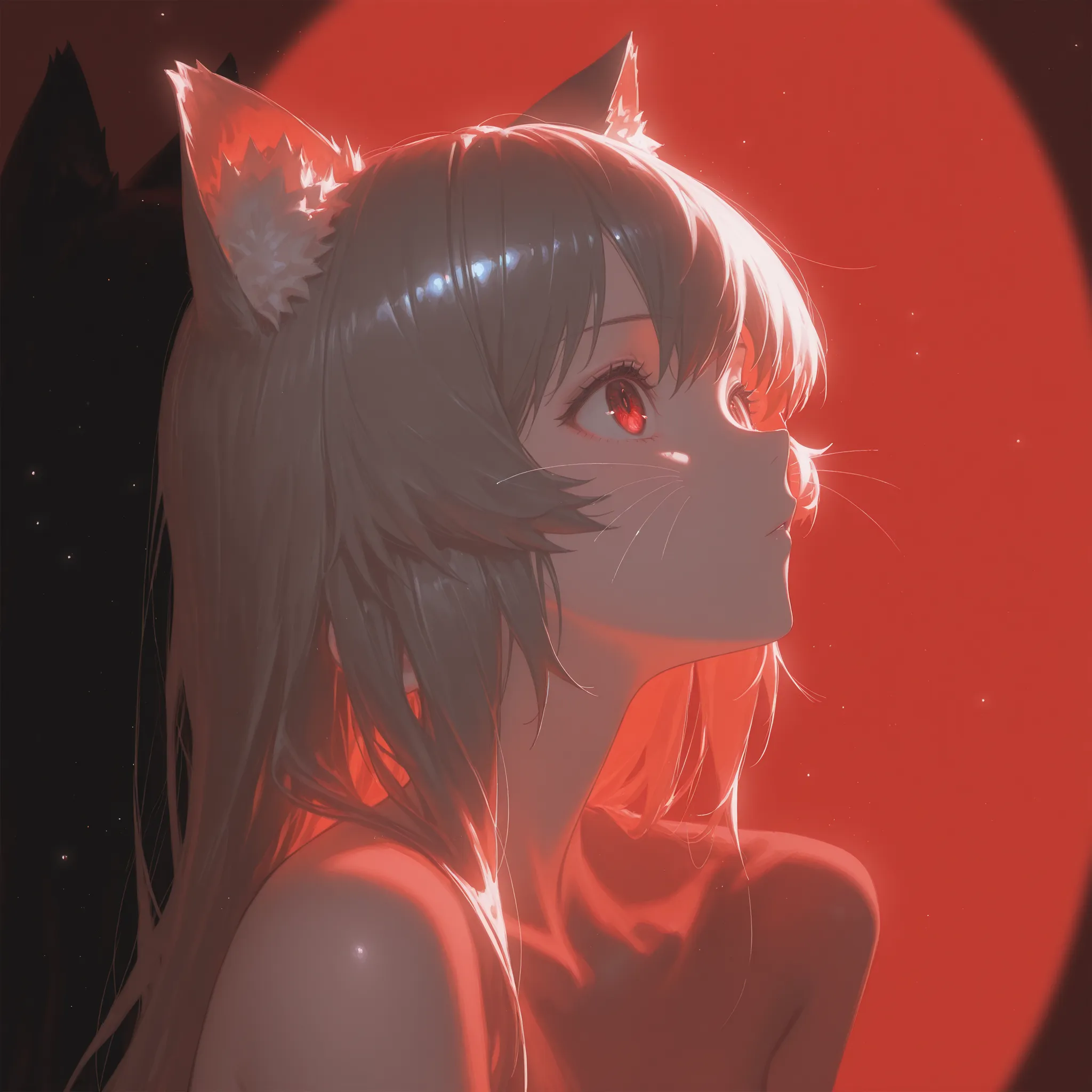 1girl, [silhouette], light particles, low contrast, chromatic aberration, high contrast, flat color, limited palette, (spot color), red, default, creative masterpiece, art bloom, hair whiskers, animal ear fluff, looking afar, masterpiece, high quality, bes...