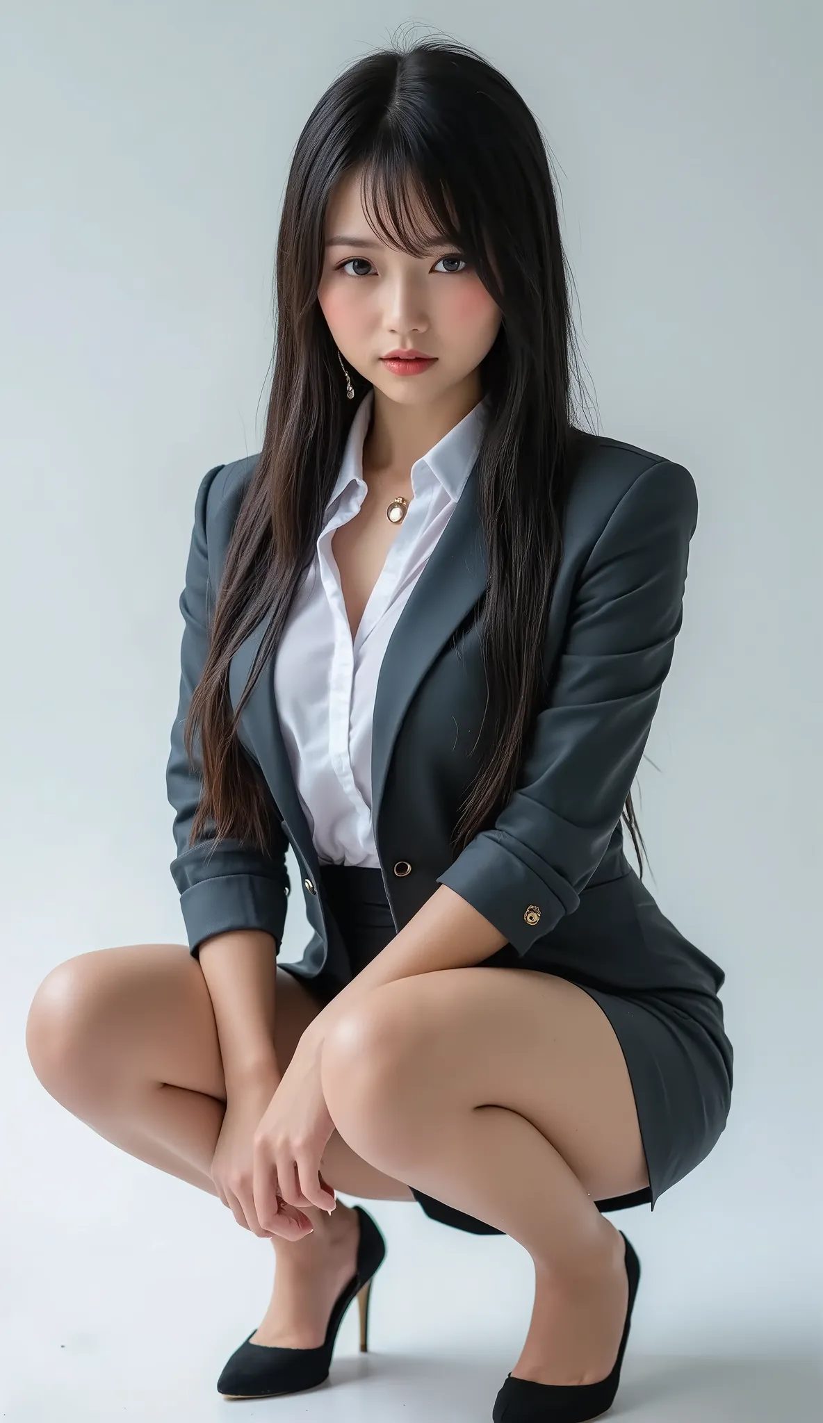 best quality, Sleek long black hair  , professional office lady with long black hair, dynamic squat poses for big boobs, detailed eye and skin textures, Studio Lighting, 30 years old, Dark Eyes, elegant, medium chest,  plump lips, earrings, necklace, Charc...