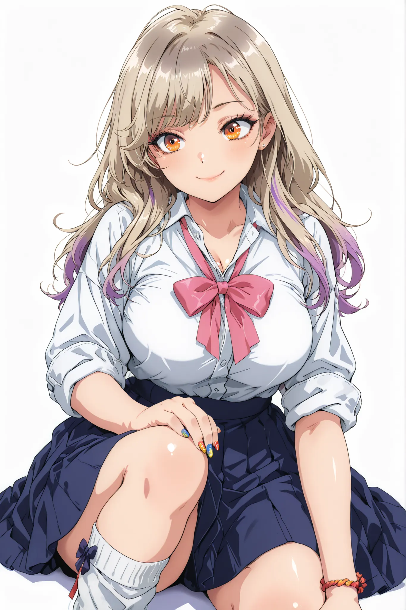 Girl, long hair in grey brown, colorful nails, short navy skirt, ribbon tie and rolled up sleeves, shirt, uniform style, fashionable style, big chest, white socks over knee, light makeup, long eyelashes, confident smile, bright skin color, whole body image...