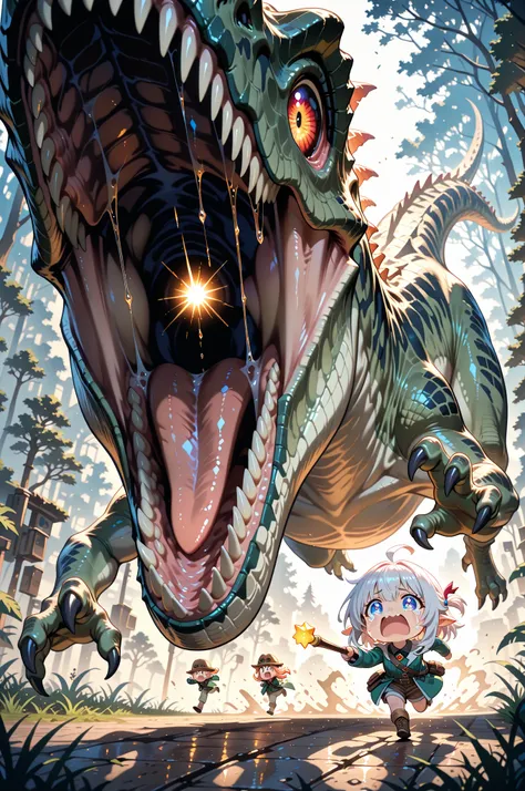 chibi,cinematic angles,(5 little characters:1.3),(masterpiece, top quality, Super Detailed, highest resolution),(little characters are running in a panic:1.4),the big tyrannosaurus happily chases the little characters,The little characters are running while crying,Focus on the little characters,slapstick comedy worldview,Jurassic Era Isekai Reincarnation,cinematic lighting,Delicate Gradation,zzTrex, therapod,HDR,