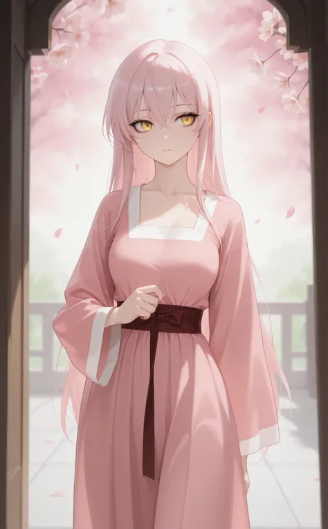masterpiece, newest, Best Resolution, HD Quality, good lighting, safe. beautiful, adult, anime, good anatomy, .  Pale pink hair , Hair below the shoulders. Golden-yellow eyes, dark eyelashes, piel clara, slim build, Medium Breasts Size D. She is 24 years o...
