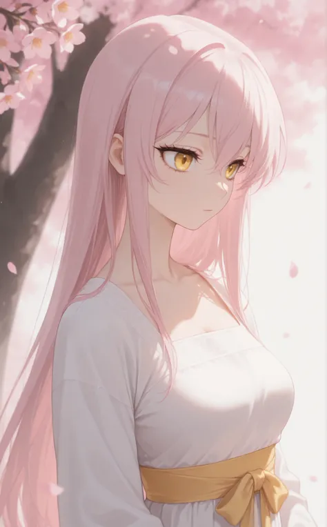 masterpiece, newest, Best Resolution, HD Quality, good lighting, safe. beautiful, adult, anime, good anatomy, .  Pale pink hair , Hair below the shoulders. Golden-yellow eyes, dark eyelashes, piel clara, slim build, Medium Breasts Size D. She is 24 years o...