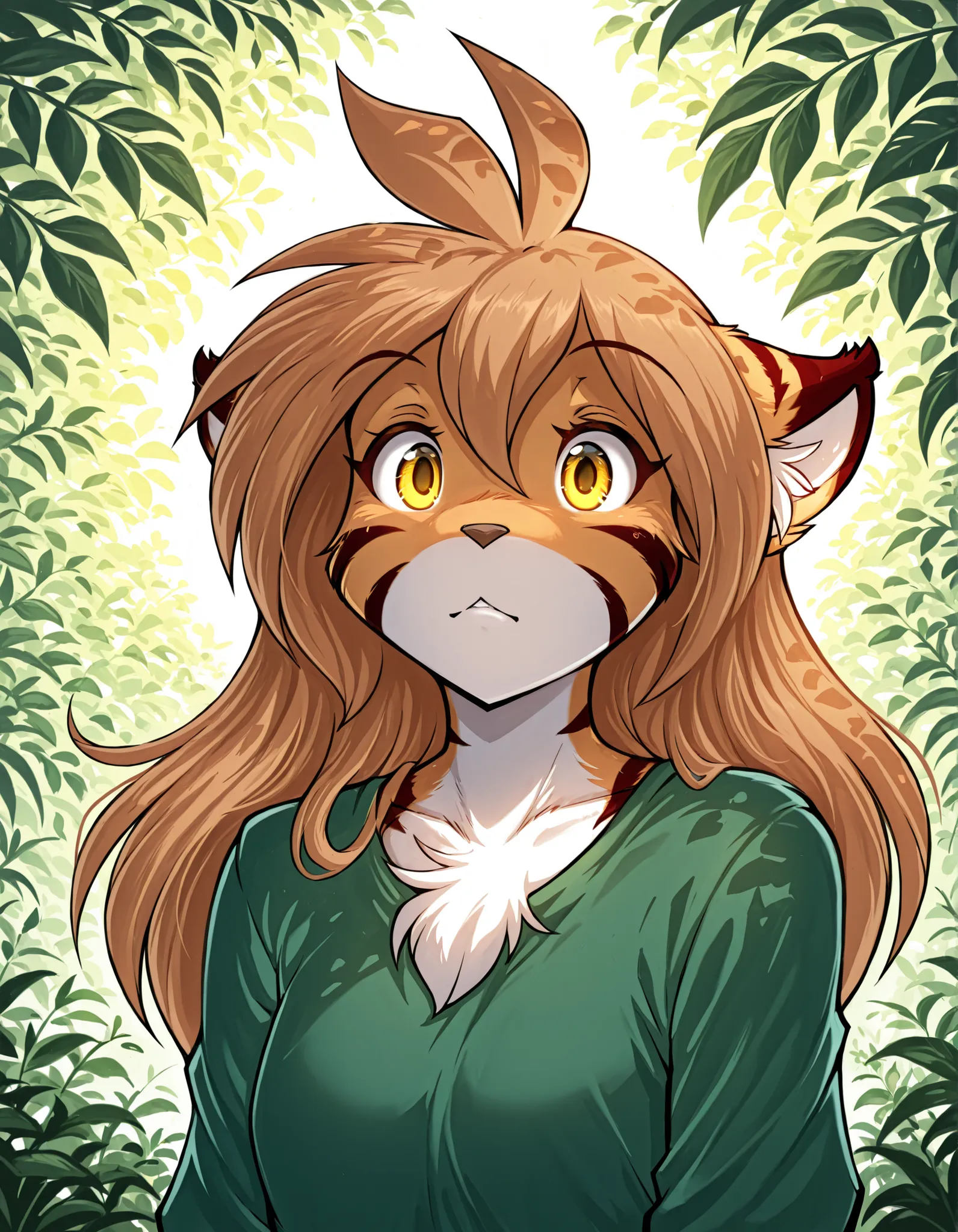 nameno92372763 Style,, masterpiece, best quality, very aesthetic, 1girl,, furry, solo, flora-twokinds, flora_twokinds,, tiger, striped fur, keidran, yellow eyes, anthro,, green shirt