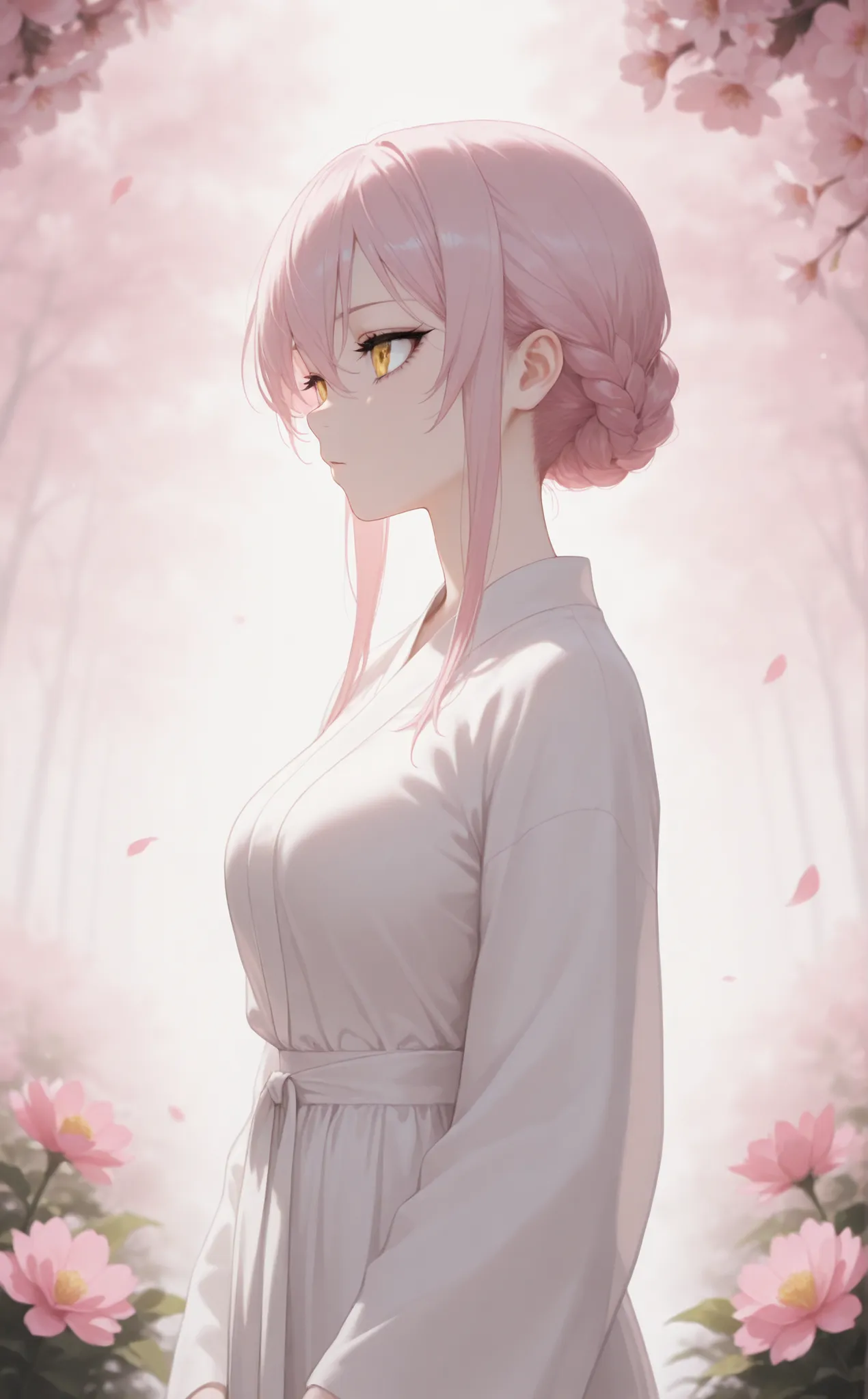 masterpiece, newest, Best Resolution, HD Quality, good lighting, safe. beautiful, adult, anime, good anatomy, .  Pale pink hair , Hair below the shoulders. Golden-yellow eyes, dark eyelashes, piel clara, slim build, Medium Breasts Size D. She is 24 years o...