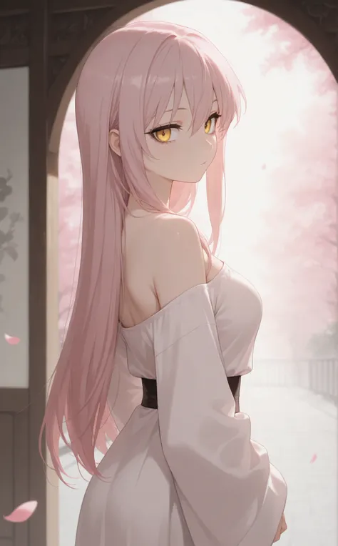 masterpiece, newest, Best Resolution, HD Quality, good lighting, safe. beautiful, adult, anime, good anatomy, .  Pale pink hair , Hair below the shoulders. Golden-yellow eyes, dark eyelashes, piel clara, slim build, Medium Breasts Size D. She is 24 years o...