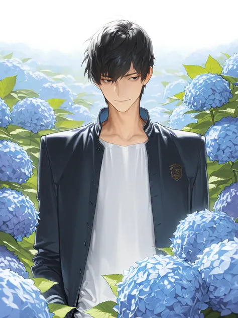 1man,pose ,in hydrangea,（1man,very cute）,black eyes,shirt,jacket,beautiful face,detailed clothes,masterpiece,high quality,(perfect detailed illustration ),masterpiece,8k,high quality,