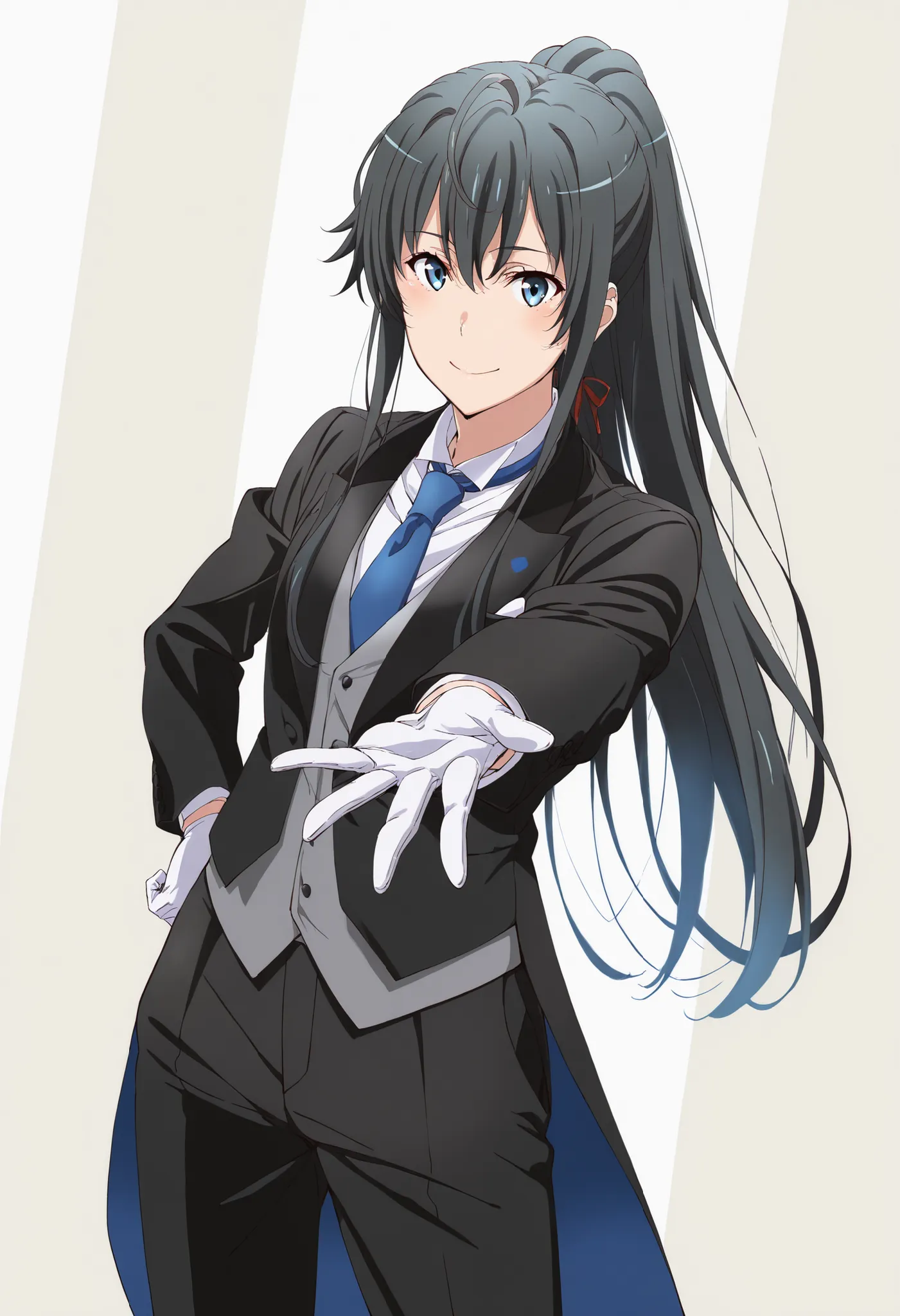 1girl, solo, yukinoshita yukino, blue eyes, black hair, long hair, ponytail, tuxedo tailcoat, butler, blue necktie, black pants, gloves , standing, reaching at viewer, smile, close mouth, elegant pose , handsome girl ,1girl, solo, yukinoshita yukino, blue ...