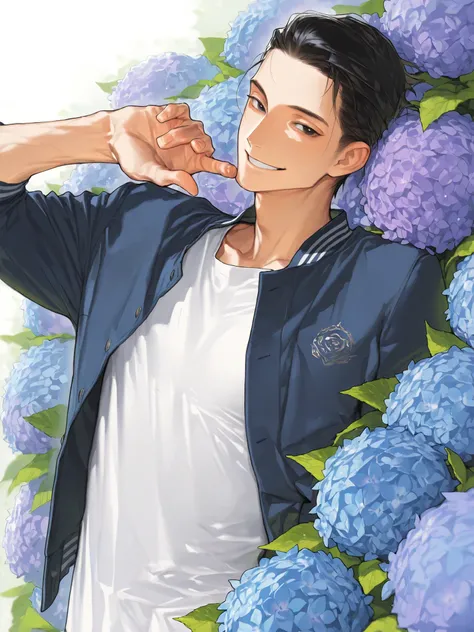1man,pose ,in hydrangea,colorfull hydrangea,（1man,very cute）,forehead,black eyes,gentle,smile,shirt,jacket,beautiful face,detailed clothes,masterpiece,high quality,(perfect detailed illustration ),masterpiece,8k,high quality,