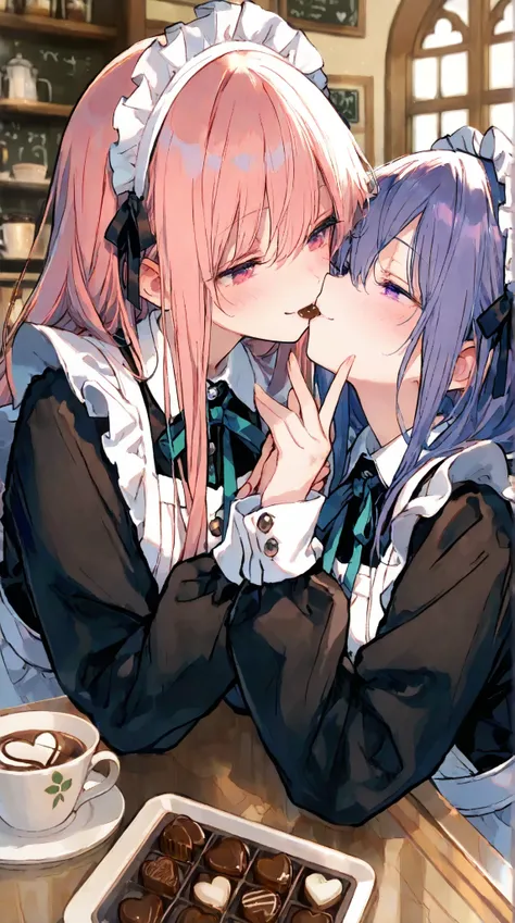 748cmstyle,Cute,(masterpiece:1.2, top quality), (beautiful detailed eyes: 1.2), ((1 Beautiful Girl)),  (beautiful background:1.2), (Highly Detailed CG, Super Detailed),(very detailed and beautiful:1.1), (Perfect Details:1.1),two girls in a cafe, both kissi...