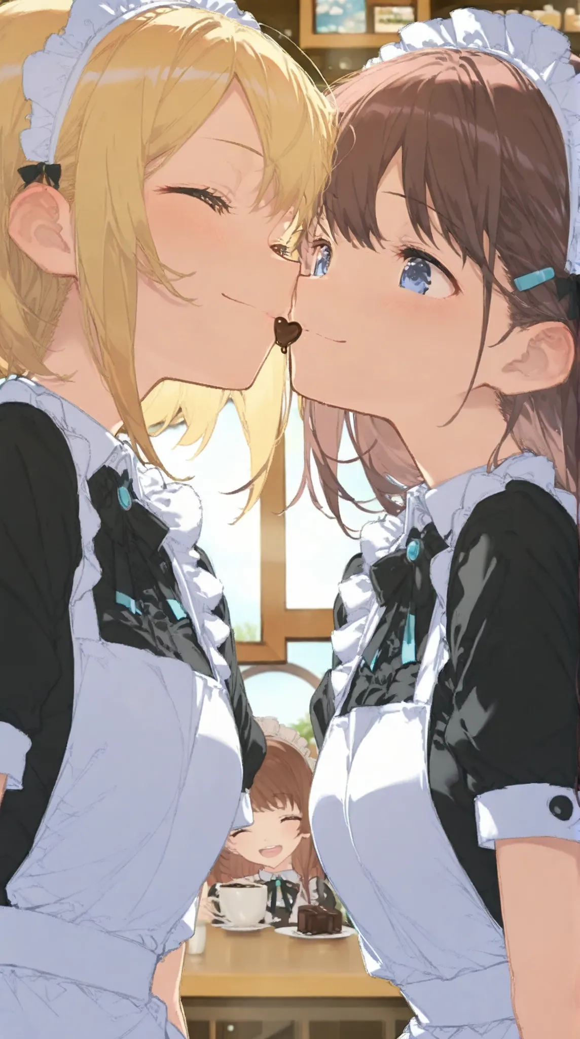 748cmstyle,Cute,(masterpiece:1.2, top quality), (beautiful detailed eyes: 1.2), ((1 Beautiful Girl)), (beautiful background:1.2), (Highly Detailed CG, Super Detailed),(very detailed and beautiful:1.1), (Perfect Details:1.1),two girls in a cafe, both kissi...