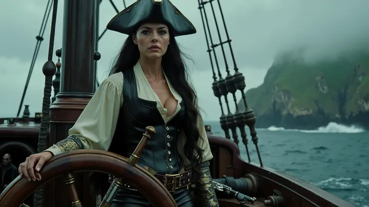 A strikingly beautiful female pirate captain commands her massive ship, her hand firmly gripping the large wooden pirate rudder. Her long, wavy hair flows freely beneath a worn but ornate tricorn hat adorned with silver accents. Her piercing eyes, sharp an...
