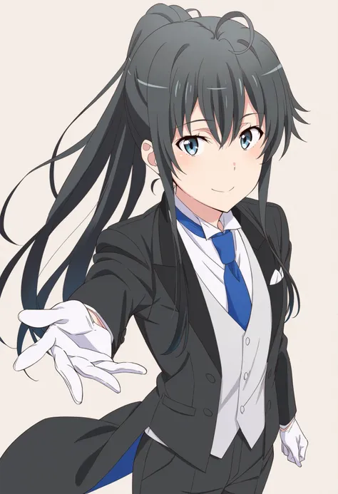 1girl, solo, yukinoshita yukino, blue eyes, black hair, long hair, ponytail, tuxedo tailcoat, butler, blue necktie, black pants, gloves , standing, reaching at viewer, smile, close mouth, elegant pose , handsome girl ,1girl, solo, yukinoshita yukino, blue ...