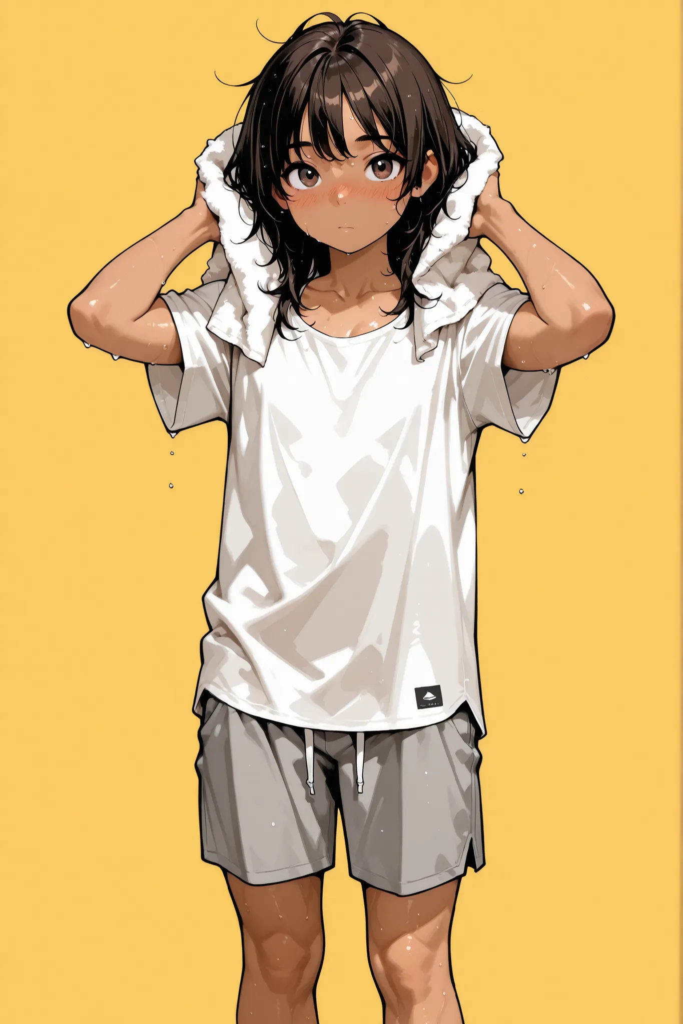 (1 Boy),(like a girl),Super Detailed,absolute resolution,(dynamic angles),(tanned skin:0.3),portrait,((pinup)),close-up,(after a bath),looking at viewer,standing,(drying),white T-shirt,(Knee-length long T-shirt:1.5),((untucked shirt)),gray sports shorts,ba...