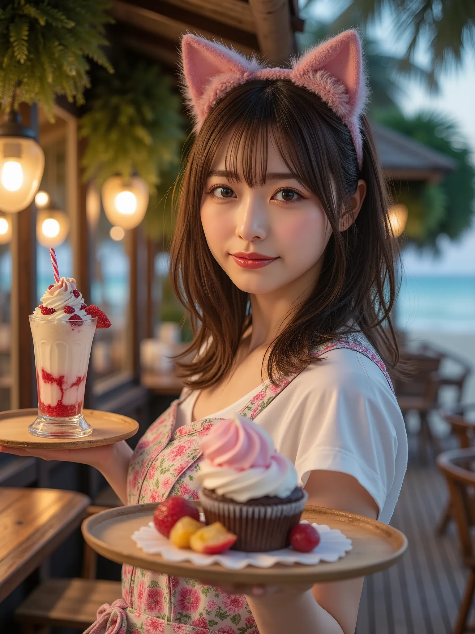(top quality、table top、8k、best image quality、超A high resolution:1.5, (Photorealistic:1.4),masterpiece:1.2,(top-quality:1.4)、Raw photo)、Woman working at a seaside cafe、White sandy beaches are spread out、blue sea、Cafe with wooden deck facing the beach carry...
