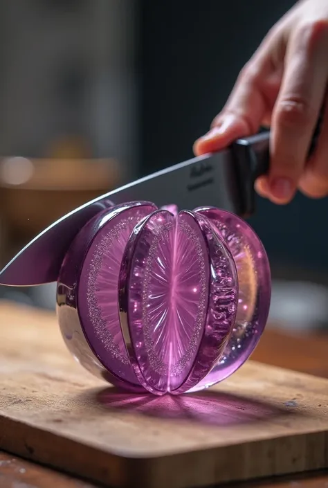 Highly realistic ultra 8K ASMR video of a human hand slicing a hyper-detailed, glass sculpture of a (jack fruit purple) on a wooden cutting board. The object resembles glossy blown glass - reflective, slightly tinted, and sparkling with internal highlights. The camera is in close-up with shallow depth of field, capturing cinematic lighting and detailed glass textures. The knife moves smoothly and deliberately, making three separate satisfying cuts - one after another - creating 3 to 4 clean, evenly spaced slices. Each stroke feels precise and crisp, with realistic slicing sound and natural motion. The sliced pieces gently separate, glimmering like cut crystal. No background distractions, same iconic camera angle as professional food ASMR videos.