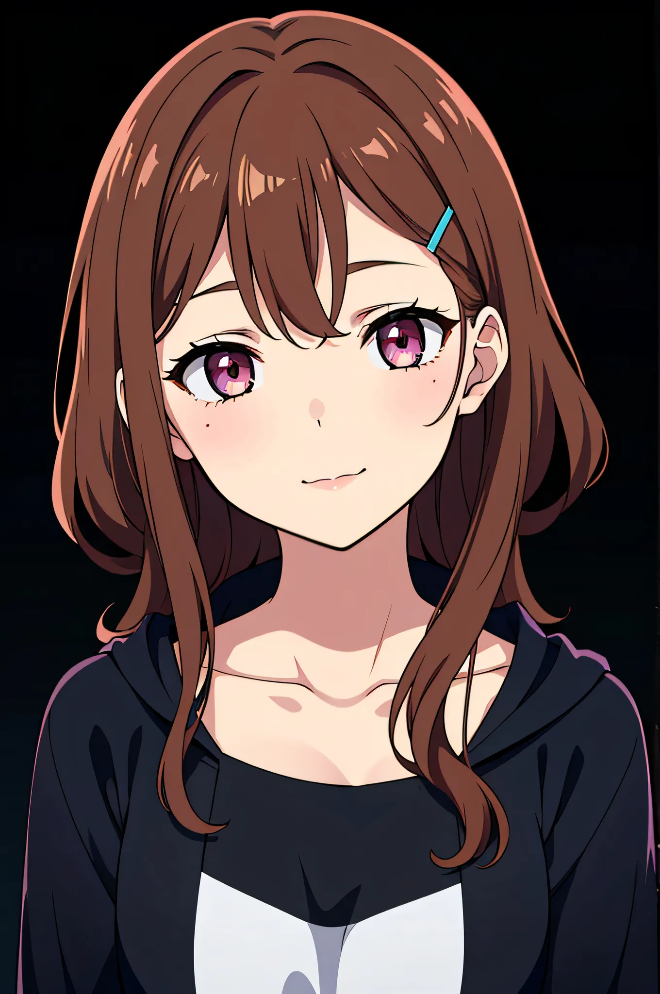 (high-quality, breathtaking),(expressive eyes, perfect face) 1girl, female, solo, young adult, brown hair color, pink eye color, soft wavy curley hair, medium hair length, elegant, relaxed, calm expression, black hooded jacket, dark blue shirt, modern clot...