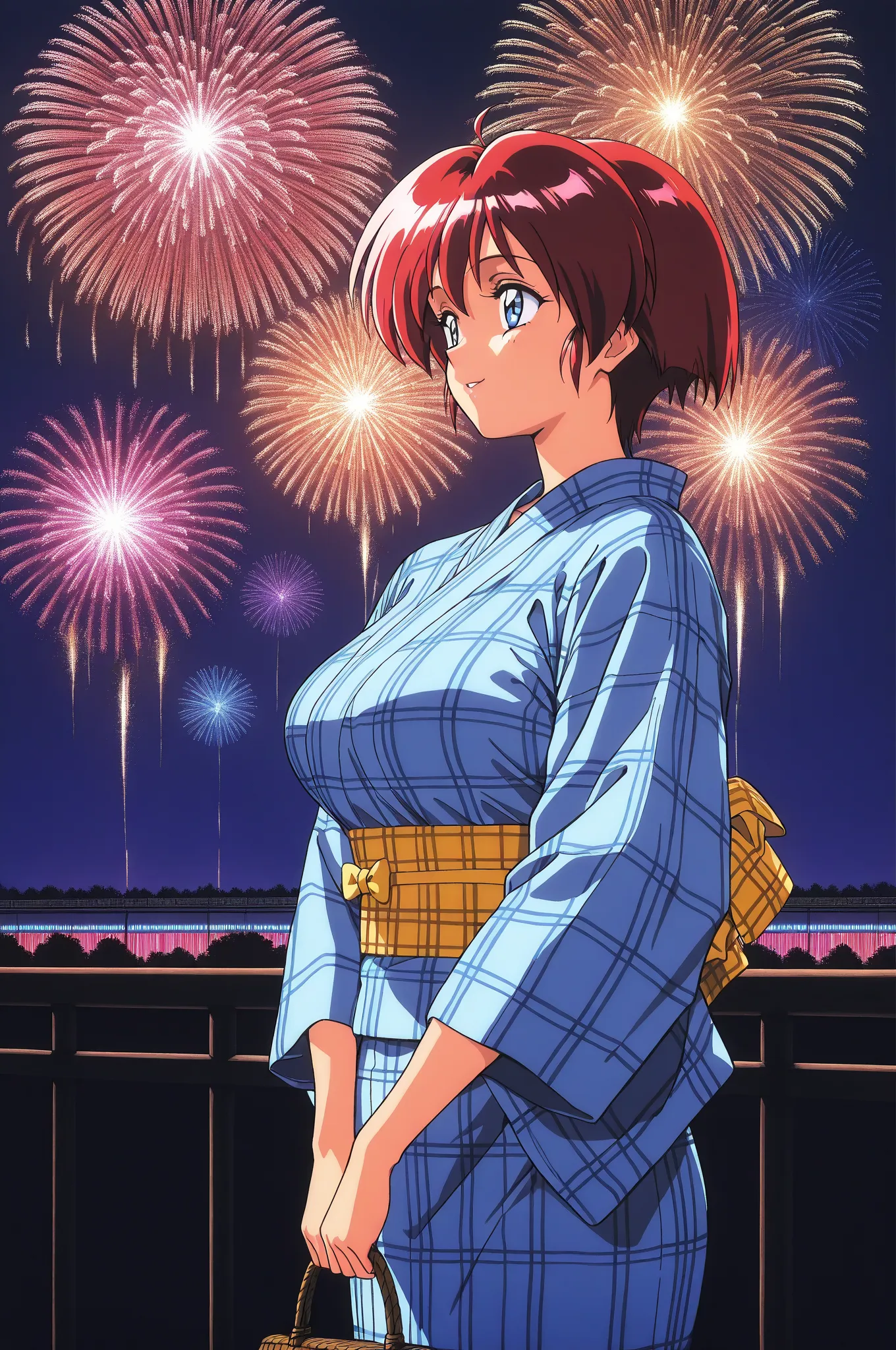 1990s \(style\),Hinomoto_Hikari, adult woman, red hair, short hair, blue eyes, (busty:1.2), bangs,high resolution, Super Detailed,top quality,masterpiece,very aesthetic,Newest,high contrast,(Fireworks venue),(1 woman),looking at another,Blue yukata with morning glories,Yellow plaid belt,