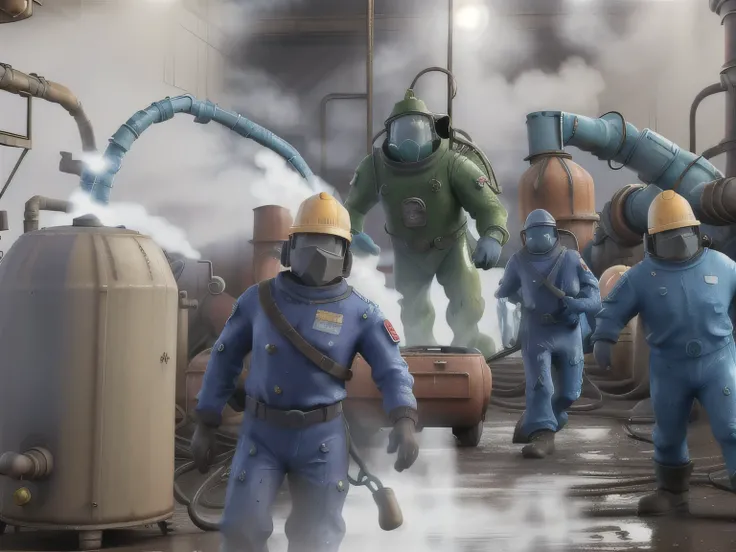workers in blue work on a large metal object in a factory, smelters, workers, industrial photography, steel mill, 3 4 5 3 1, people at work, mining scrap metal, in a massive cavernous iron city, iron smelting pits space marines, in a factory, industrial st...