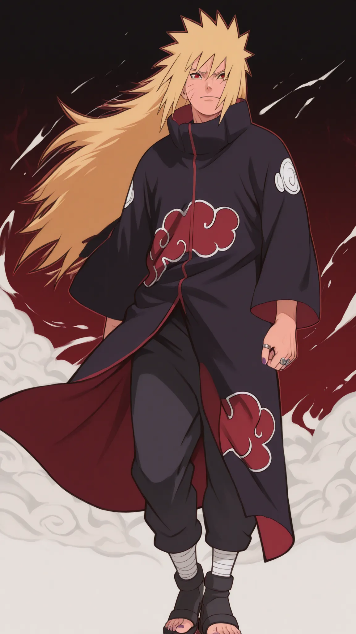 flat color, WaifuDiffusionStyle, neutral background, white splash stylized outline background——-1boy, uzumaki_naruto, blonde_hair, very long hair, spiky hair, bangs, red eyes, mature_male, muscular, muscular_male, AkatsukiOro, official alternate costume, a...