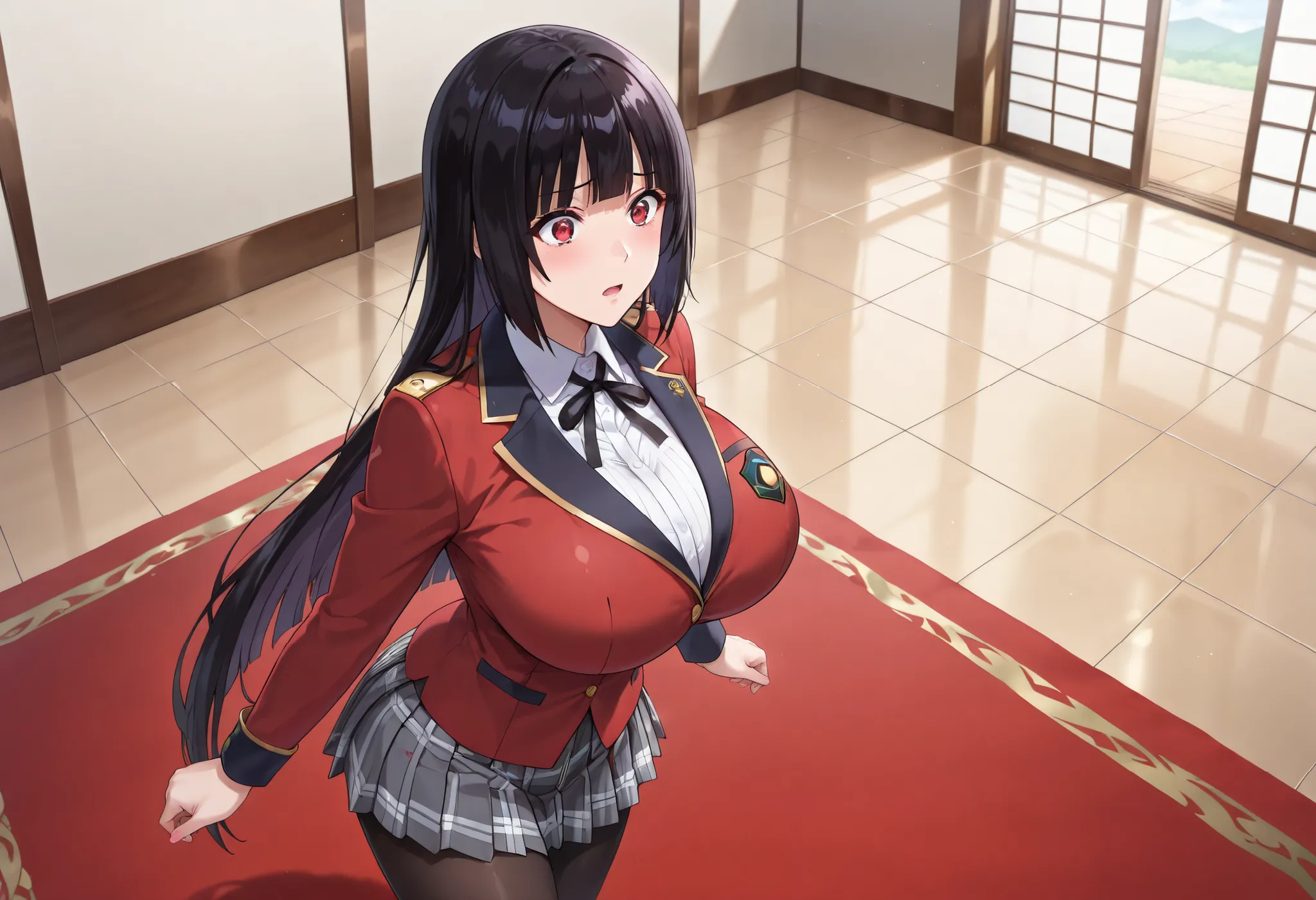 (master piece, best quality, anime, detailed, absurd:1.2), Japanese women, high school girl, jabami yumeko, beautiful character designs, Beautiful skin, Long Black Hair, straight hair, short bang, beautiful detailed depiction of eyes, expressive eyes,Red E...