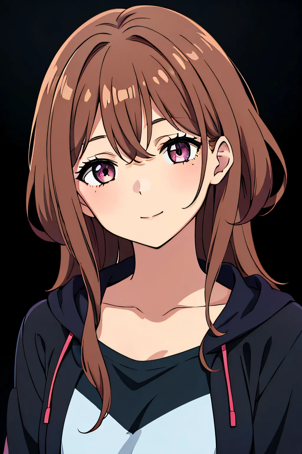 (high-quality, breathtaking),(expressive eyes, perfect face) 1girl, female, solo, young adult, brown hair color, pink eye color, soft wavy curley hair, medium hair length, elegant, relaxed, calm expression, black hooded jacket, dark blue shirt, modern clot...