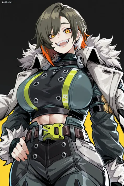 kurenaiz, masterpiece, ultra highres, best quality, zenless zone zero, 1girl, athletic woman, tall, yellow eyes, large breasts, short asymmetrical haircut, side-swept bangs, layered cut, tousled texture, modern hairstyle, black manicure, crazy smile, fangs...