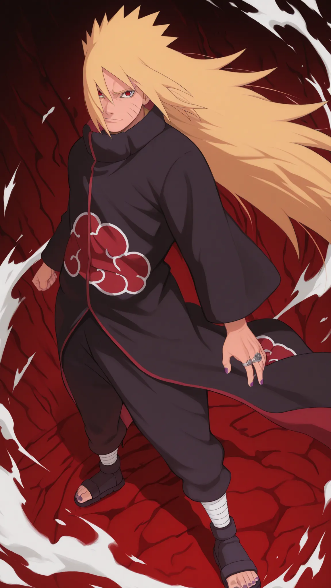 flat color, WaifuDiffusionStyle, neutral background, white splash stylized outline background——-1boy, uzumaki_naruto, blonde_hair, very long hair, spiky hair, bangs, red eyes, mature_male, muscular, muscular_male, AkatsukiOro, official alternate costume, a...