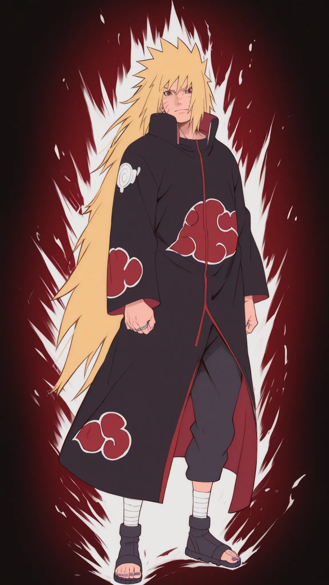flat color, WaifuDiffusionStyle, neutral background, white splash stylized outline background——-1boy, uzumaki_naruto, blonde_hair, very long hair, spiky hair, bangs, red eyes, mature_male, muscular, muscular_male, AkatsukiOro, official alternate costume, a...