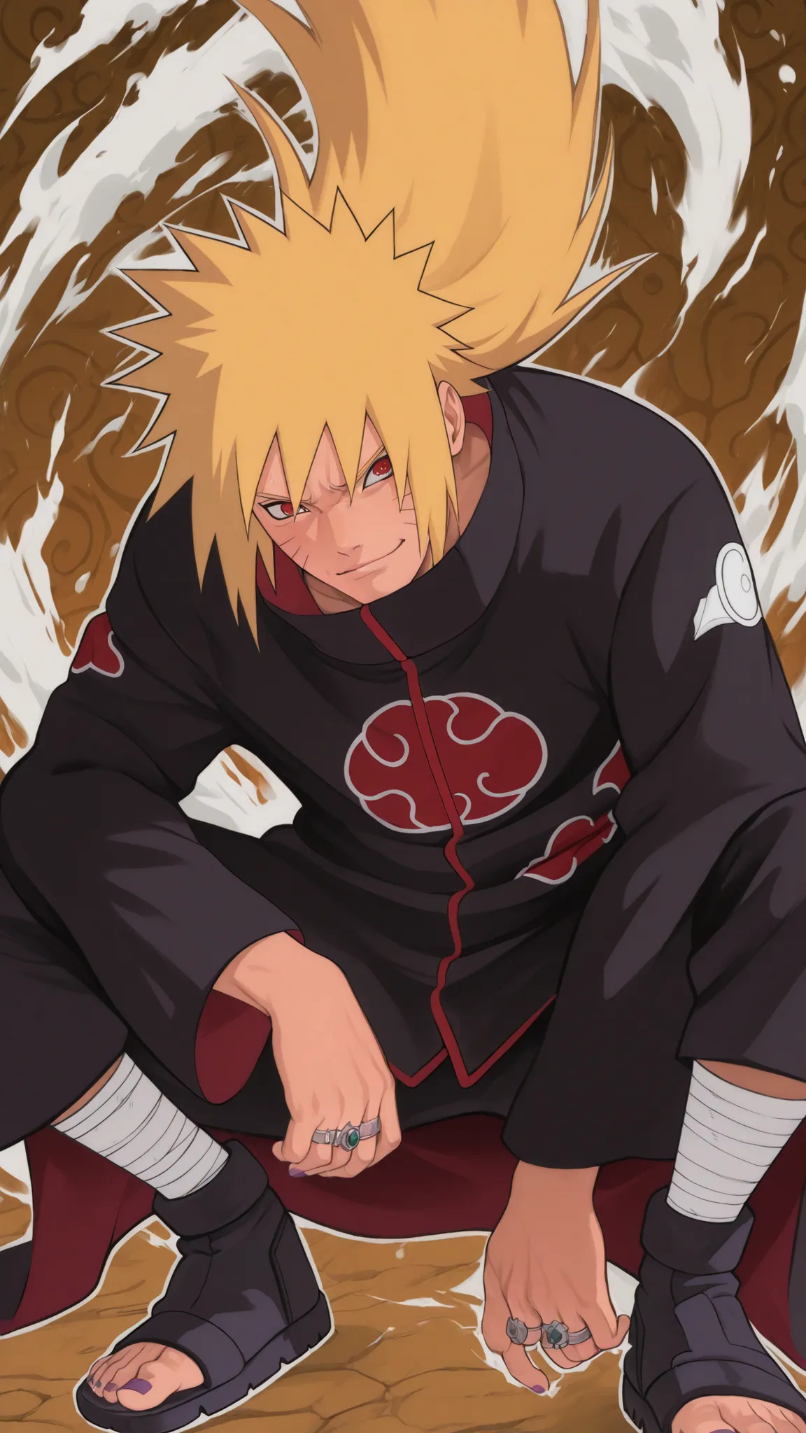 flat color, WaifuDiffusionStyle, neutral background, white splash stylized outline background——-squatting, 1boy, uzumaki_naruto, blonde_hair, very long hair, spiky hair, bangs, red eyes, mature_male, muscular, muscular_male, AkatsukiOro, official alternate...