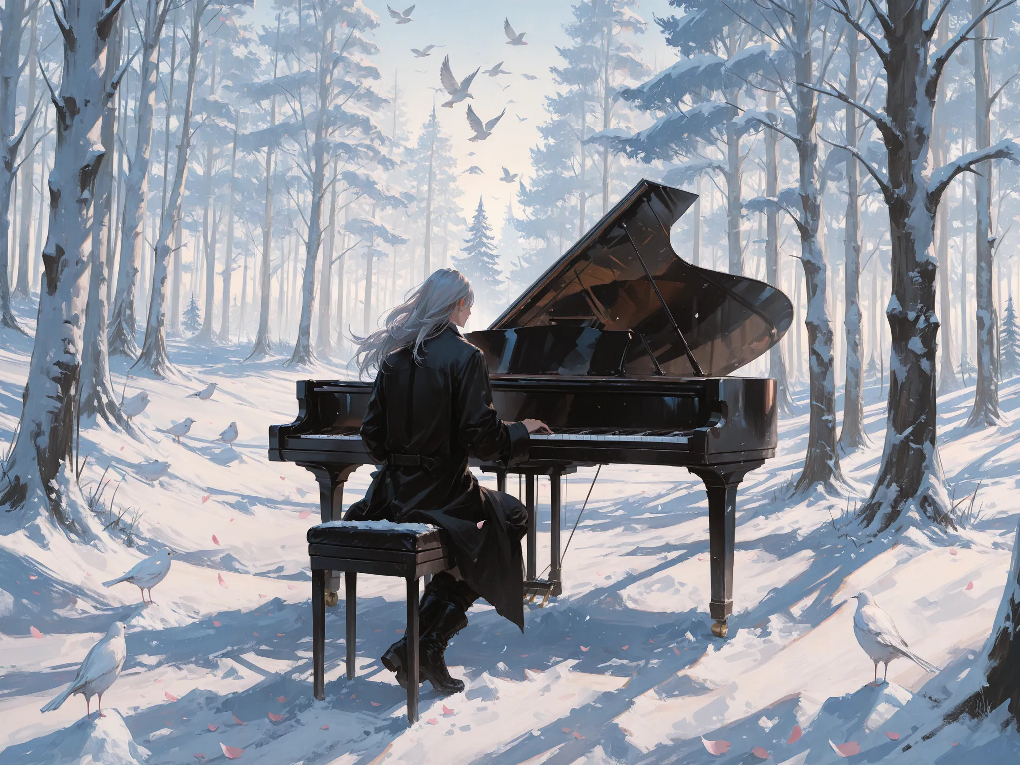 wide shot, back shot, makes an aesthetic, Master piece, Best Quality, ultra detailed, (man:1.6), solo, (male:1.6) long hair, male silver hair, toned, black coat, black boots, sitting a piano stool, playing grand piano, 1white bird , morning, snow forest...