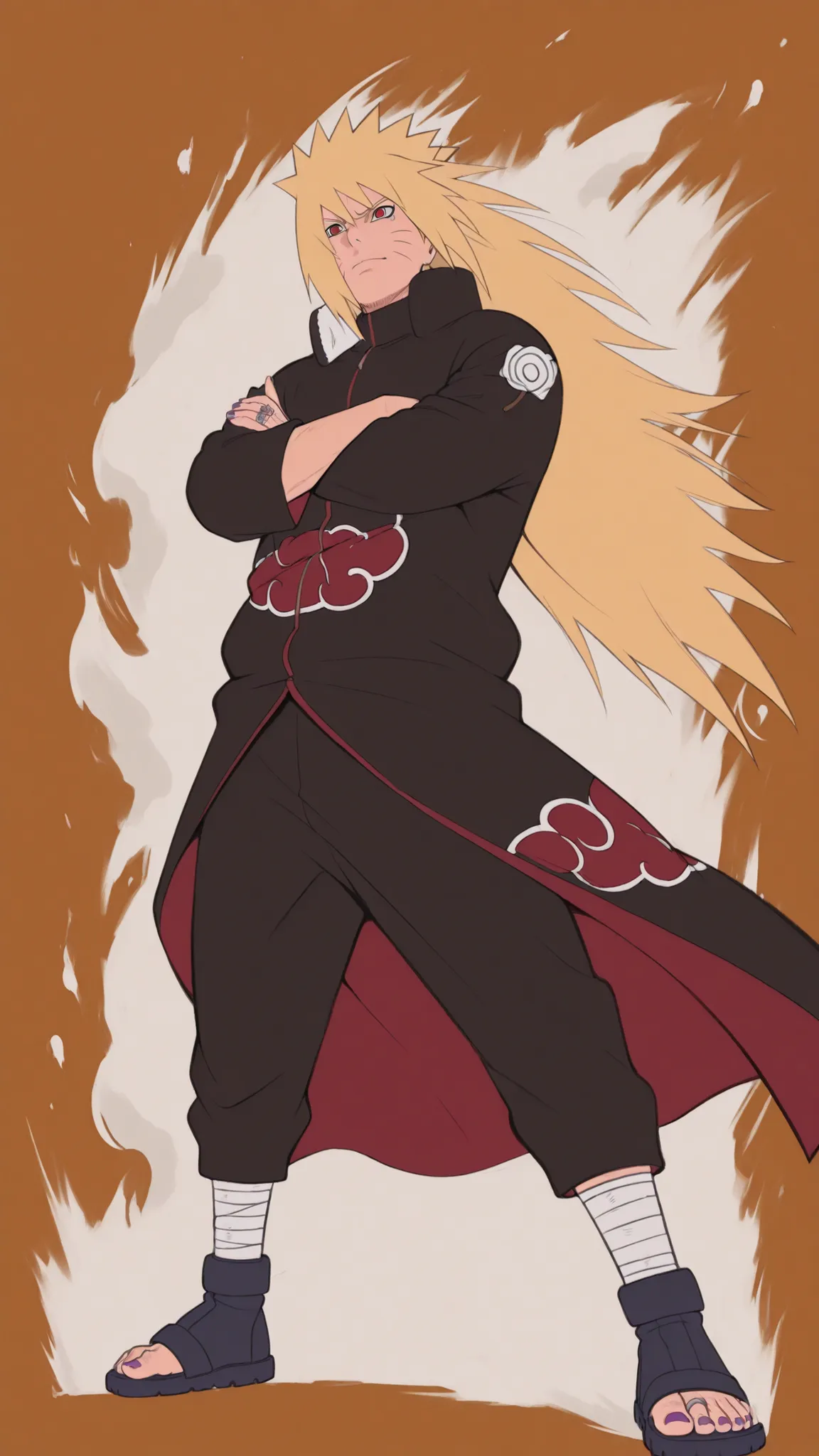 flat color, WaifuDiffusionStyle, neutral background, white splash stylized outline background——-arms crossed, stance, 1boy, uzumaki_naruto, blonde_hair, very long hair, spiky hair, bangs, red eyes, mature_male, muscular, muscular_male, AkatsukiOro, officia...