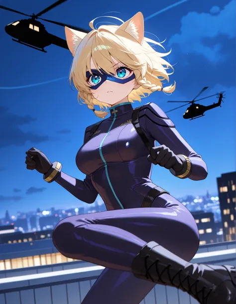 masterpiece, best quality, high resolution, intricate details, detailed background, professional, 8k, solo, solo focus, 1girl, young adult female, blonde hair, short hair, braid, aquamarine eyes, cat ears, animal ears, cat girl, cat burger, dark purple cat...