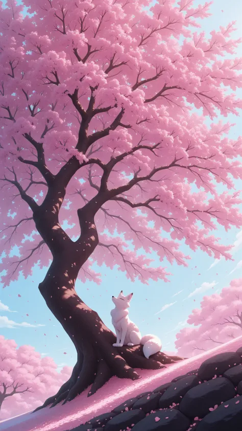 background,Cherry blossom,anime style, a white fox resting in the shade of a massive blooming cherry tree that grows out of a cliffside boulder, petals collecting around its paws, the fox's fur swaying softly in the wind, ethereal and serene mood
