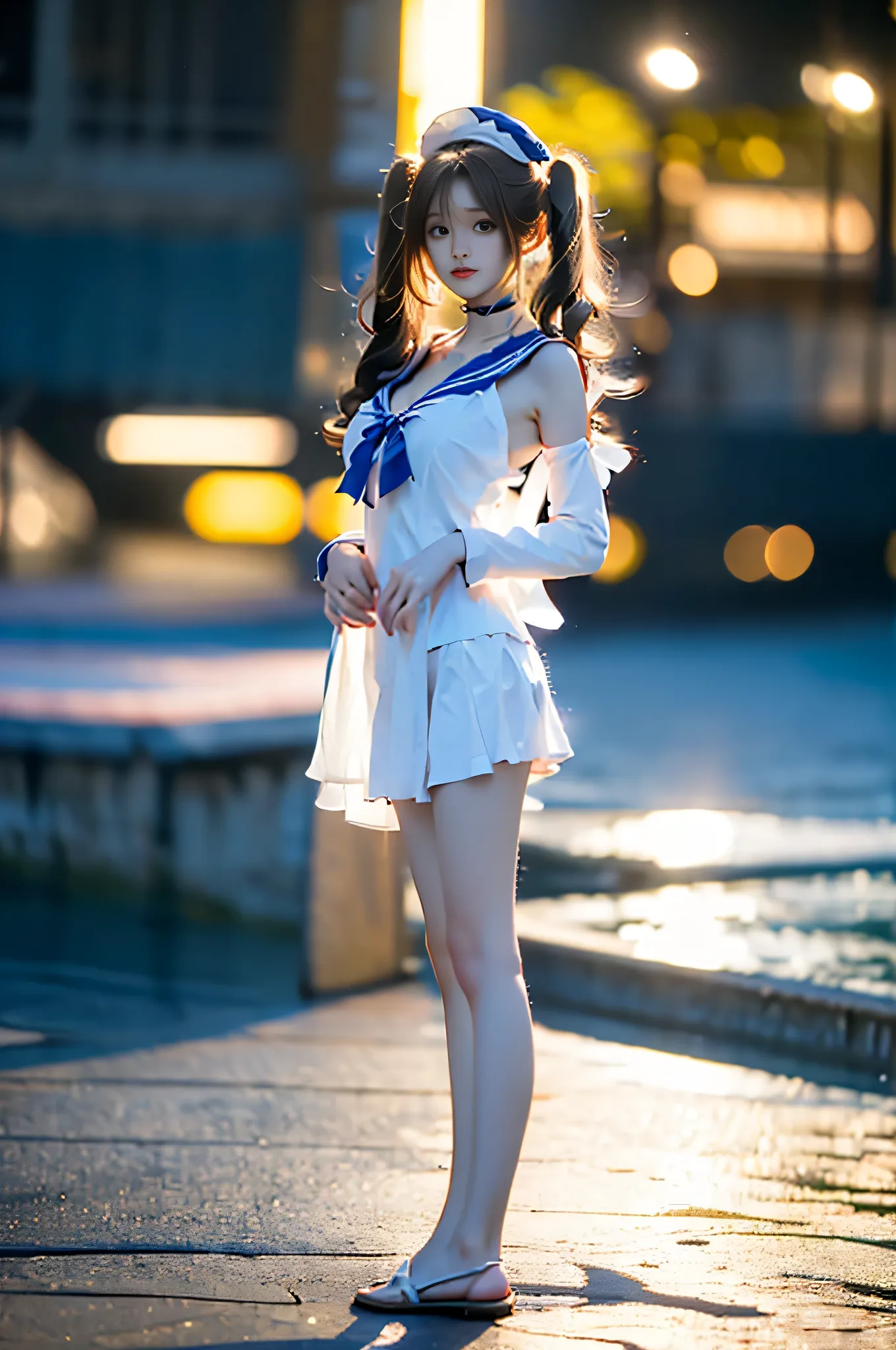 1girl,barbara, twintails,white coat,brown hair,blue one-piece swimsuit,choker, sailor hat, blue sailor collar, detached sleeves,(yellow bowtie), ,,((full body, from below)), (masterpiece, best quality, ultra-detailed, 8k), realistic, a beautiful sexy long-...