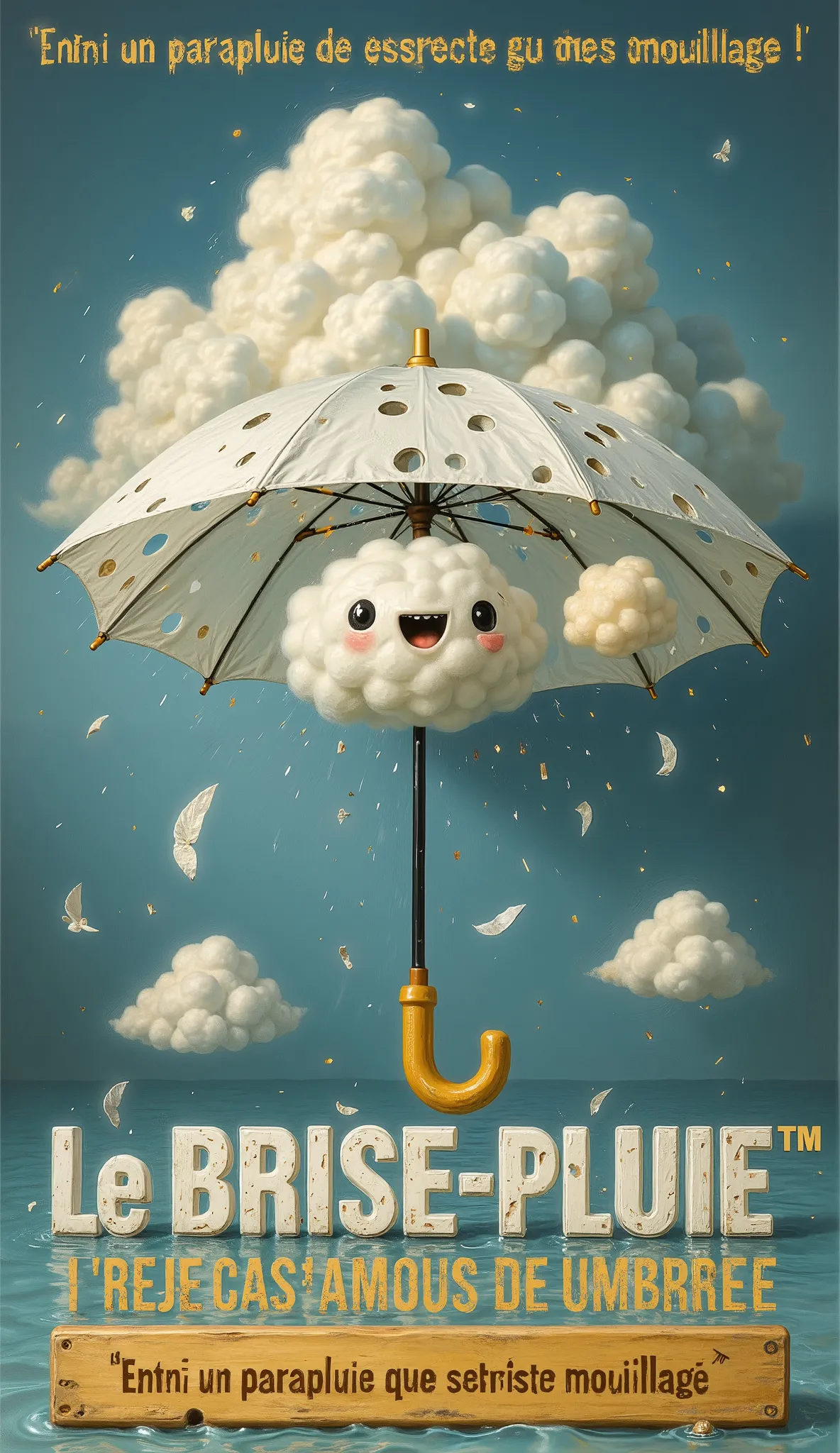 A funny, surreal product marketing poster for a broken umbrella full of holes. The umbrella is presented as if it's an innovative invention, with a fake French brand name: “Le Brise-Pluie™”. Add bold French text: “Enfin un parapluie qui respecte votre moui...