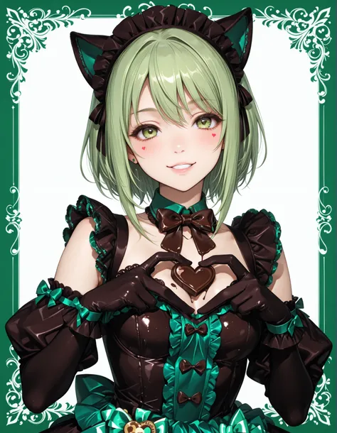 Cat Ear Maid,mini maid dress with chocolate mint color scheme, Lime Green Hair, chocolate bow tie,gloves with chocolate and lime green borders,Looking Here,tilt your neck slightly and smile，(((Show off heart-shaped chocolate to viewers)))