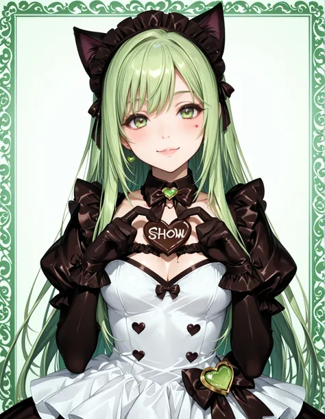 Cat Ear Maid,mini maid dress with chocolate mint color scheme, Lime Green Hair, chocolate bow tie,gloves with chocolate and lime green borders,Looking Here,tilt your neck slightly and smile，(((Show off heart-shaped chocolate to viewers)))